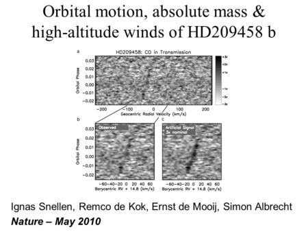 Orbital motion, absolute mass & high-altitude winds of HD209458 b Ignas Snellen, Remco de Kok, Ernst de Mooij, Simon Albrecht Nature – May 2010.