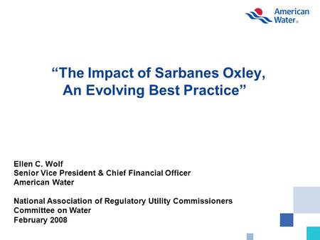 “The Impact of Sarbanes Oxley, An Evolving Best Practice” Ellen C. Wolf Senior Vice President & Chief Financial Officer American Water National Association.