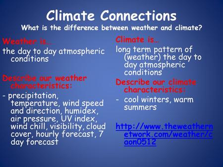 Climate Connections What is the difference between weather and climate? Climate is… long term pattern of (weather) the day to day atmospheric conditions.
