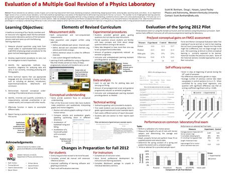 Evaluation of a Multiple Goal Revision of a Physics Laboratory Learning Objectives: A taskforce consisting of four faculty members and an instructor who.