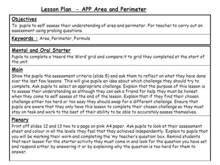 Lesson Plan - APP Area and Perimeter