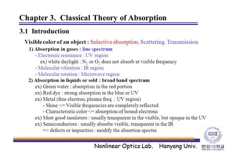 Nonlinear Optics Lab. Hanyang Univ. Chapter 3. Classical Theory of Absorption 3.1 Introduction Visible color of an object : Selective absorption, Scattering,