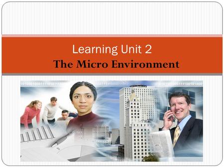 Learning Unit 2 The Micro Environment. Outcomes Describe vision statement Characteristics of a vision statement Vision translated to mission statement.