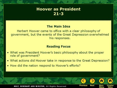 Hoover as President 21-3 The Main Idea