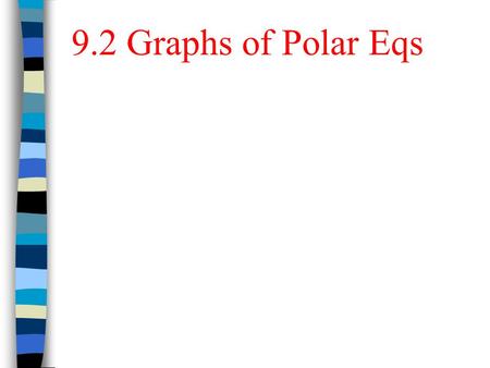9.2 Graphs of Polar Eqs. Circle: radius a; center at (a, 0) in rectangular coordinates. Circle: radius a; center at (-a, 0) in rectangular coordinates.