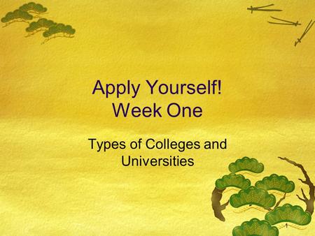 1 Apply Yourself! Week One Types of Colleges and Universities.