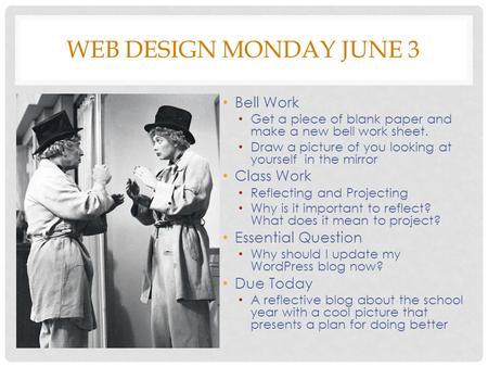 WEB DESIGN MONDAY JUNE 3 Bell Work Get a piece of blank paper and make a new bell work sheet. Draw a picture of you looking at yourself in the mirror Class.