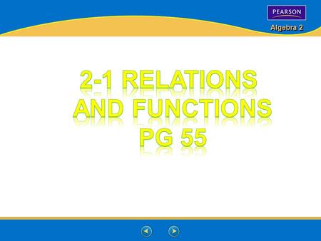 Algebra 2. Graph the relation {(–3, 3), (2, 2), (–2, –2), (0, 4), (1, –2)}. Lesson 2-1 Relations and Functions Graph and label each ordered pair. Additional.