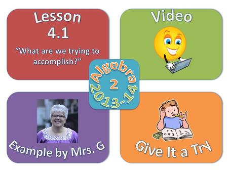 Objective Video Example by Mrs. G Give It a Try Lesson 4.1  Add and subtract matrices  Multiply a matrix by a scalar number  Solve a matrix equation.