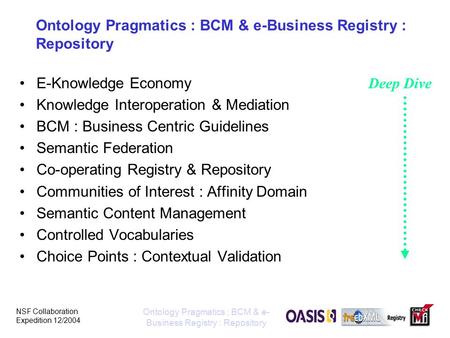 NSF Collaboration Expedition 12/2004 Ontology Pragmatics ; BCM & e- Business Registry : Repository Ontology Pragmatics : BCM & e-Business Registry : Repository.