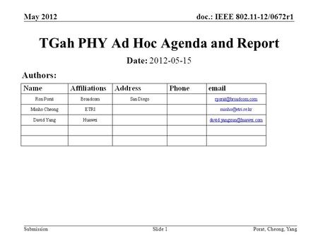 Doc.: IEEE 802.11-12/0672r1 Submission May 2012 Porat, Cheong, YangSlide 1 TGah PHY Ad Hoc Agenda and Report Date: 2012-05-15 Authors: