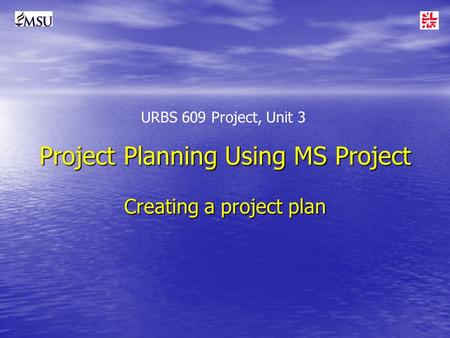 Project Planning Using MS Project Creating a project plan URBS 609 Project, Unit 3.