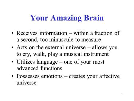 1 Your Amazing Brain Receives information – within a fraction of a second, too minuscule to measure Acts on the external universe – allows you to cry,