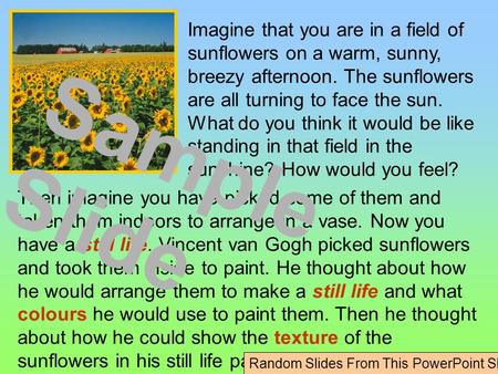 Imagine that you are in a field of sunflowers on a warm, sunny, breezy afternoon. The sunflowers are all turning to face the sun. What do you think it.