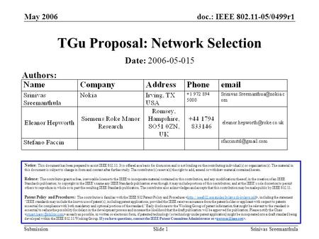 Doc.: IEEE 802.11-05/0499r1 Submission May 2006 Srinivas SreemanthulaSlide 1 TGu Proposal: Network Selection Notice: This document has been prepared to.