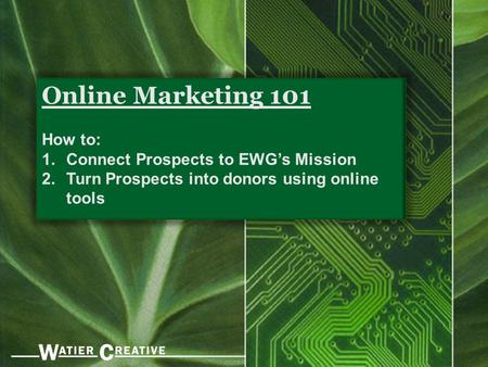 Online Marketing 101 How to: 1.Connect Prospects to EWG’s Mission 2.Turn Prospects into donors using online tools.