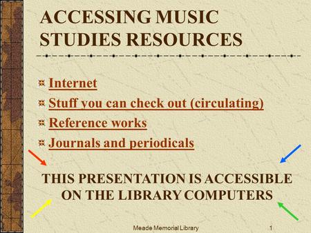 Meade Memorial Library1 ACCESSING MUSIC STUDIES RESOURCES Internet Stuff you can check out (circulating) Reference works Journals and periodicals THIS.