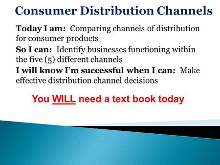 Today I am: Comparing channels of distribution for consumer products So I can: Identify businesses functioning within the five (5) different channels I.