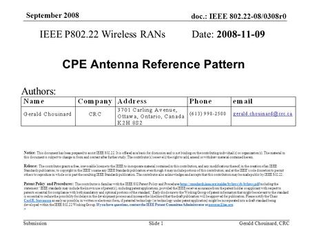 Doc.: IEEE 802.22-08/0308r0 Submission September 2008 Gerald Chouinard, CRCSlide 1 CPE Antenna Reference Pattern IEEE P802.22 Wireless RANs Date: 2008-11-09.