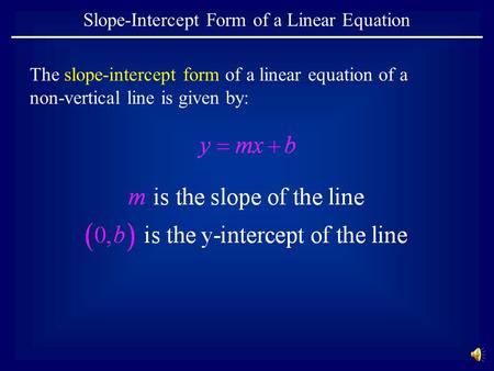 The slope-intercept form of a linear equation of a non-vertical line is given by: Slope-Intercept Form of a Linear Equation.