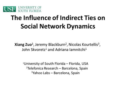 The Influence of Indirect Ties on Social Network Dynamics Xiang Zuo 1, Jeremy Blackburn 2, Nicolas Kourtellis 3, John Skvoretz 1 and Adriana Iamnitchi.