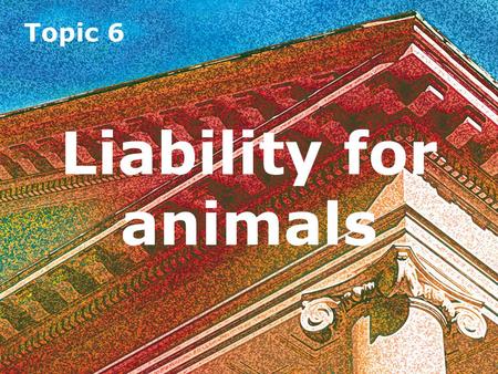 Topic 6 Liability for animals. Topic 6 Introduction Liability for animals may arise under the common law or under the statutory rules contained in the.