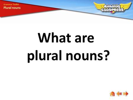 What are plural nouns? Grammar Toolkit. child children Grammar Toolkit A noun can be singular, naming just one thing, or plural, naming more than one.