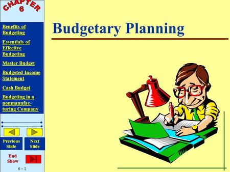 6 - 1 Benefits of Budgeting Essentials of Effective Budgeting Master Budgetster Budget Budgeted Income Statement Cash Budget BudgetingBudgeting in a nonmanufac-