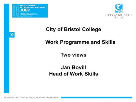 City of Bristol College Work Programme and Skills Two views Jan Bovill Head of Work Skills.