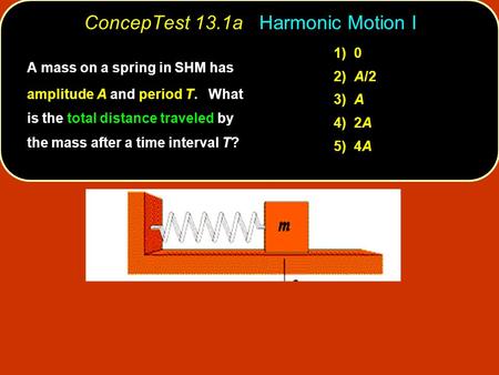 ConcepTest 13.1a Harmonic Motion I 1) 0 2) A/2 3) A 4) 2A 5) 4A A mass on a spring in SHM has amplitude A and period T. What is the total distance traveled.