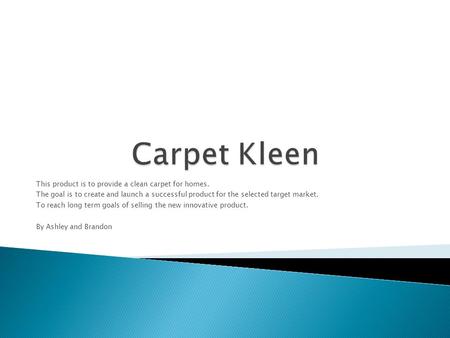 This product is to provide a clean carpet for homes. The goal is to create and launch a successful product for the selected target market. To reach long.
