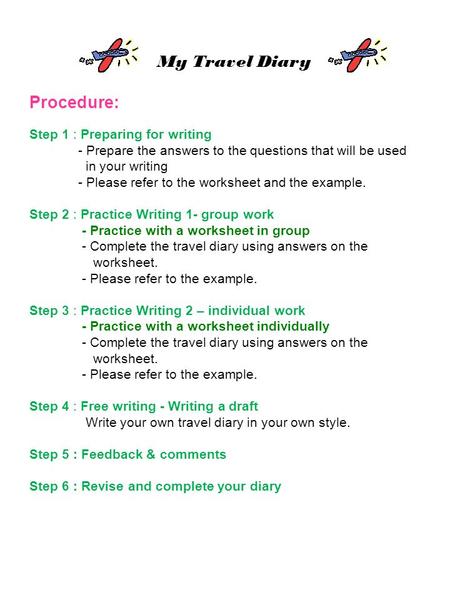 My Travel Diary Procedure: Step 1 : Preparing for writing - Prepare the answers to the questions that will be used in your writing - Please refer to the.