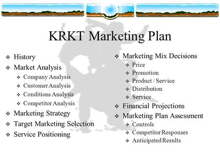 KRKT Marketing Plan  History  Market Analysis  Company Analysis  Customer Analysis  Conditions Analysis  Competitor Analysis  Marketing Strategy.