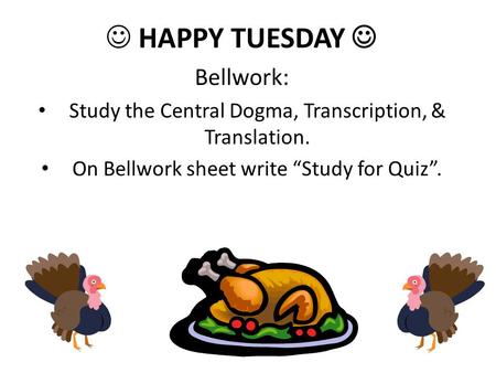HAPPY TUESDAY Bellwork: Study the Central Dogma, Transcription, & Translation. On Bellwork sheet write “Study for Quiz”.