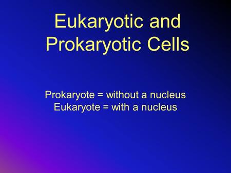 Eukaryotic and Prokaryotic Cells Prokaryote = without a nucleus Eukaryote = with a nucleus.