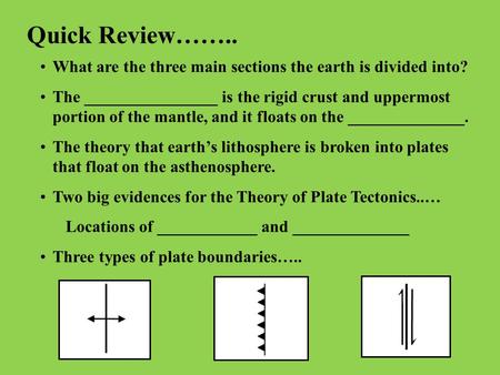 Quick Review…….. What are the three main sections the earth is divided into? The ________________ is the rigid crust and uppermost portion of the mantle,