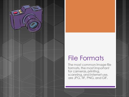 File Formats The most common image file formats, the most important for cameras, printing, scanning, and internet use, are JPG, TIF, PNG, and GIF.