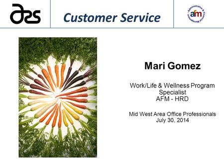 Mari Gomez Work/Life & Wellness Program Specialist AFM - HRD Mid West Area Office Professionals July 30, 2014 Customer Service.