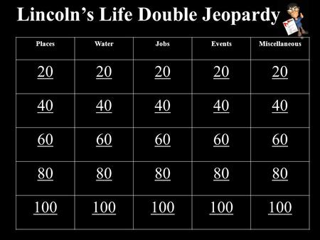 Lincoln’s Life Double Jeopardy PlacesWaterJobsEventsMiscellaneous 20 40 60 80 100.