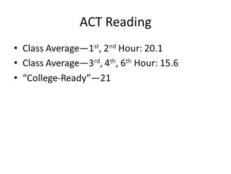 ACT Reading Class Average—1 st, 2 nd Hour: 20.1 Class Average—3 rd, 4 th, 6 th Hour: 15.6 “College-Ready”—21.