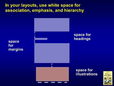 In your layouts, use white space for association, emphasis, and hierarchy space for margins space for illustrations space for headings.
