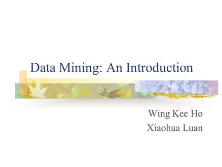 Data Mining: An Introduction Wing Kee Ho Xiaohua Luan.
