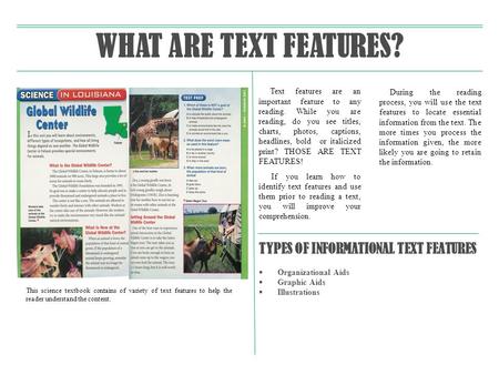 WHAT ARE TEXT FEATURES? TYPES OF INFORMATIONAL TEXT FEATURES