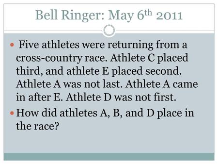 Bell Ringer: May 6 th 2011 Five athletes were returning from a cross-country race. Athlete C placed third, and athlete E placed second. Athlete A was not.