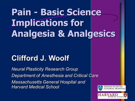 Pain - Basic Science Implications for Analgesia & Analgesics Neural Plasticity Research Group Department of Anesthesia and Critical Care Massachusetts.