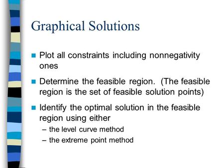 Graphical Solutions Plot all constraints including nonnegativity ones