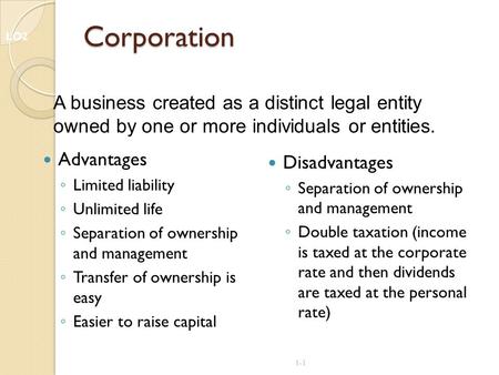 1-1 Corporation Advantages ◦ Limited liability ◦ Unlimited life ◦ Separation of ownership and management ◦ Transfer of ownership is easy ◦ Easier to raise.