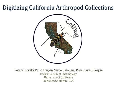 Digitizing California Arthropod Collections Peter Oboyski, Phuc Nguyen, Serge Belongie, Rosemary Gillespie Essig Museum of Entomology University of California.