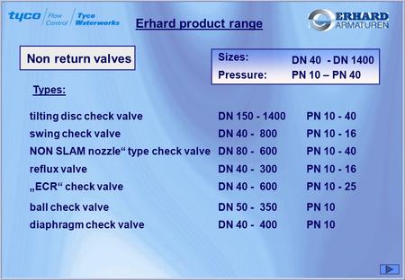 Erhard product range Non return valves Sizes: Pressure: