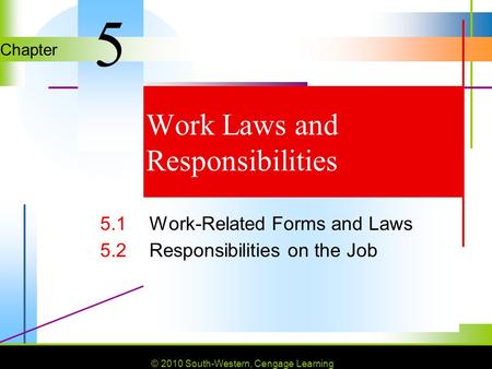© 2010 South-Western, Cengage Learning Chapter © 2010 South-Western, Cengage Learning Work Laws and Responsibilities 5.1Work-Related Forms and Laws 5.2Responsibilities.